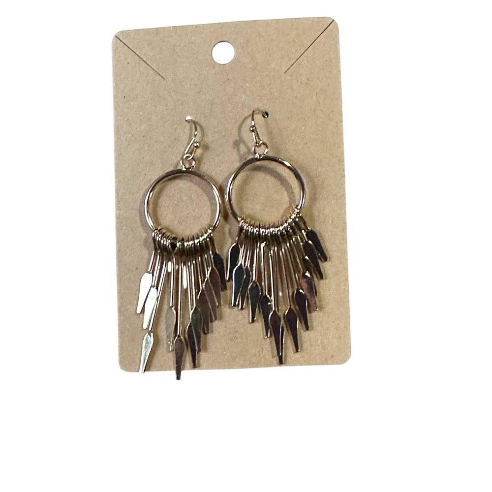 Gold Tone Hoop Dangle Earrings Metallic Spike‎ Fringe Boho Statement Jewelry